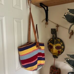 LARGE Super Fun Colorful Vintage Woven Sisal Bag with Genuine Leather
